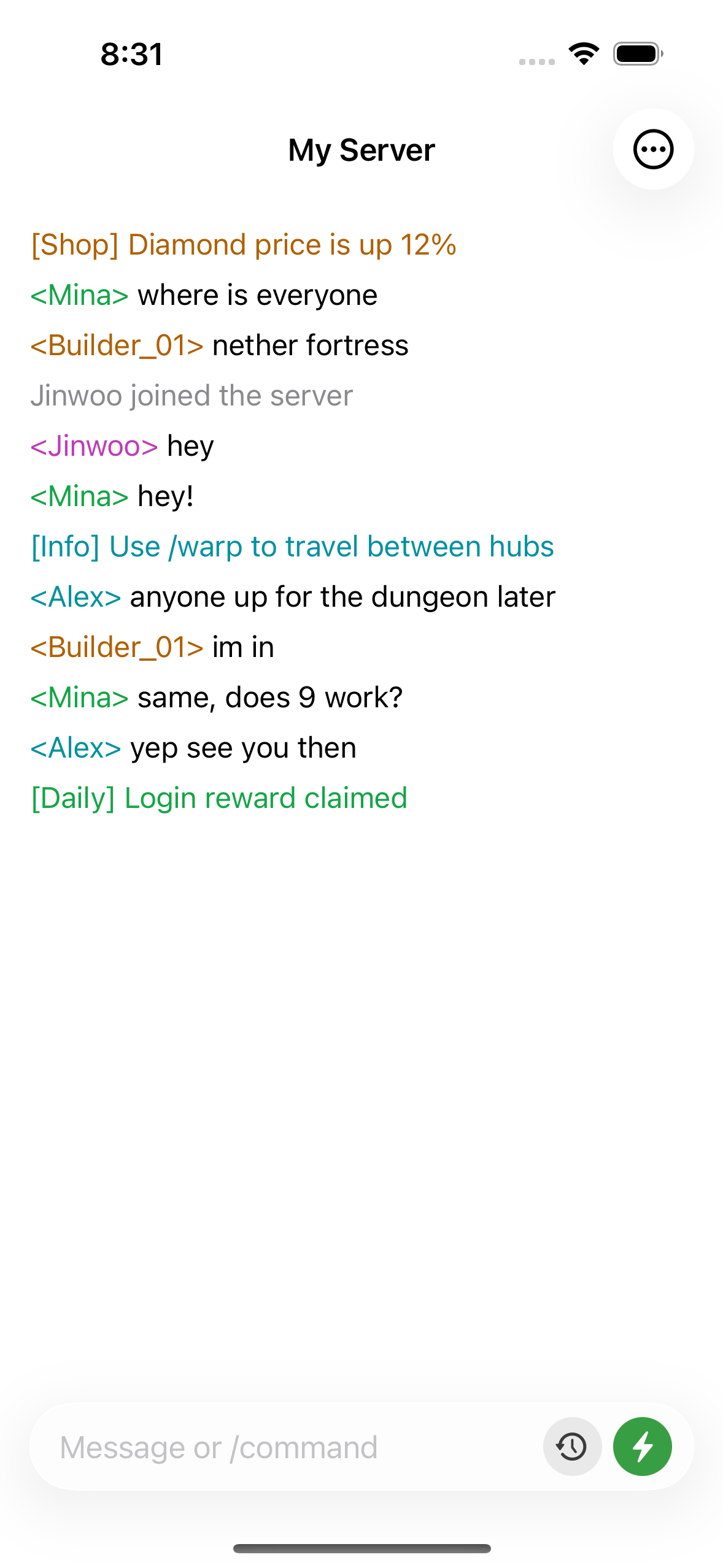 ChatMC showing live server chat, with players asking a question and an admin replying.
