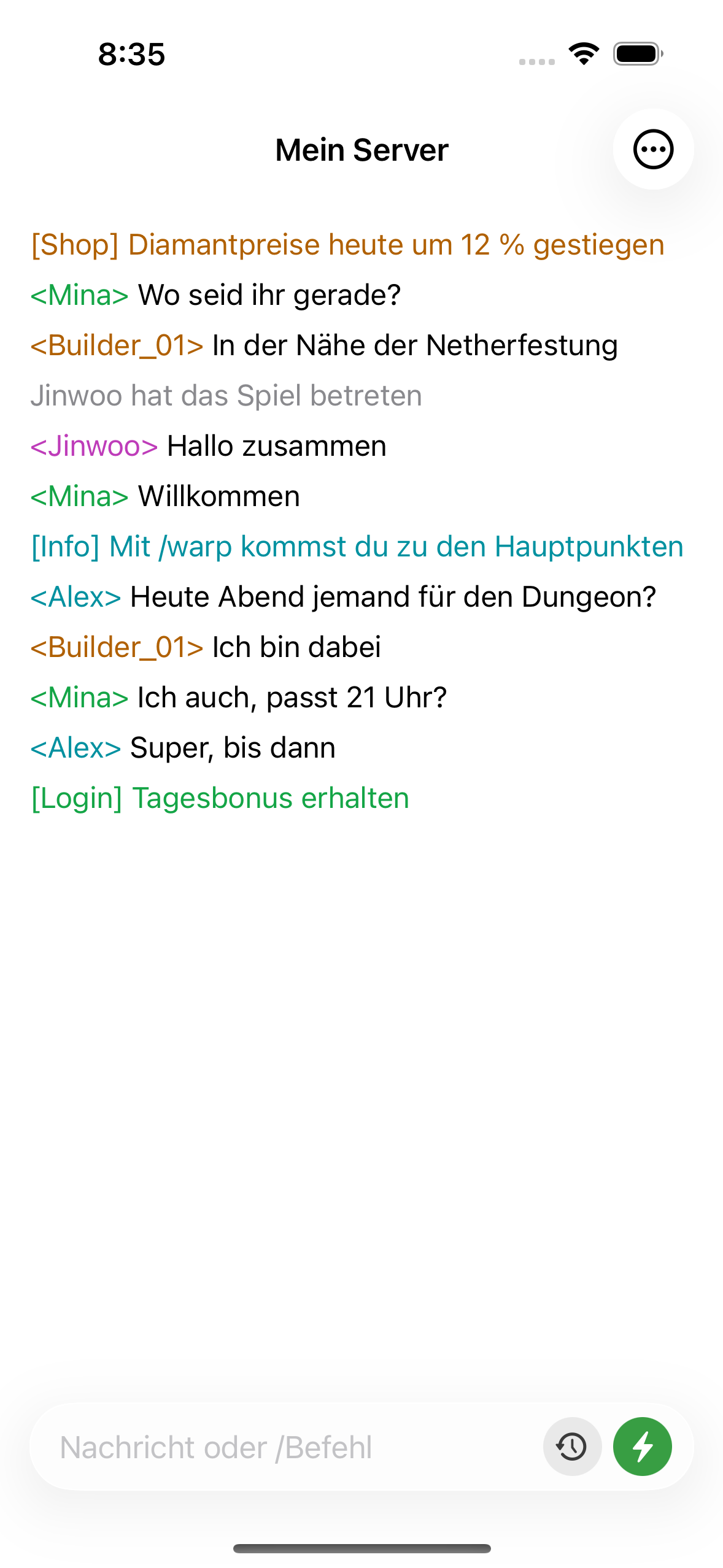 ChatMC showing live server chat, with players asking a question and an admin replying.