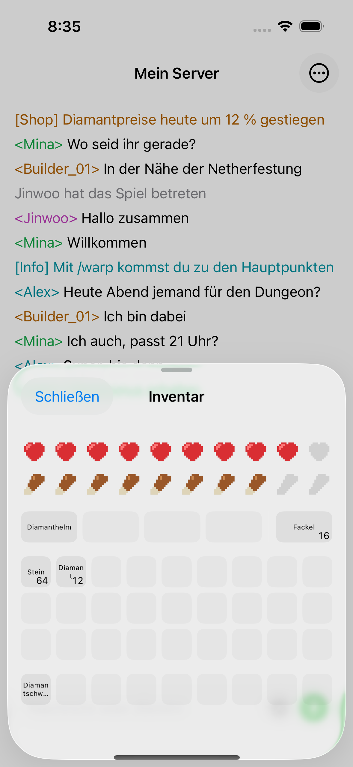 The ChatMC inventory view showing items, health and hunger.