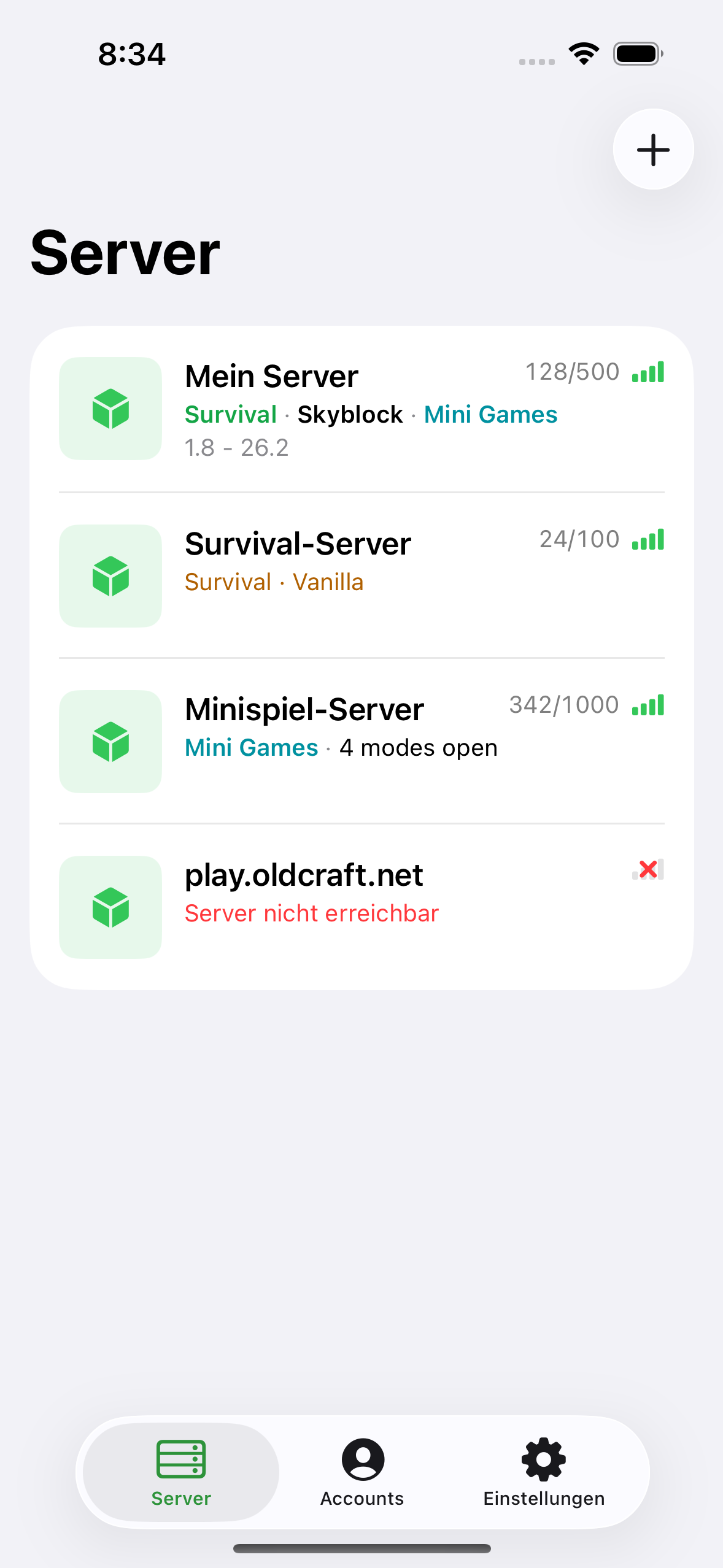 The ChatMC server list showing saved servers with player counts.