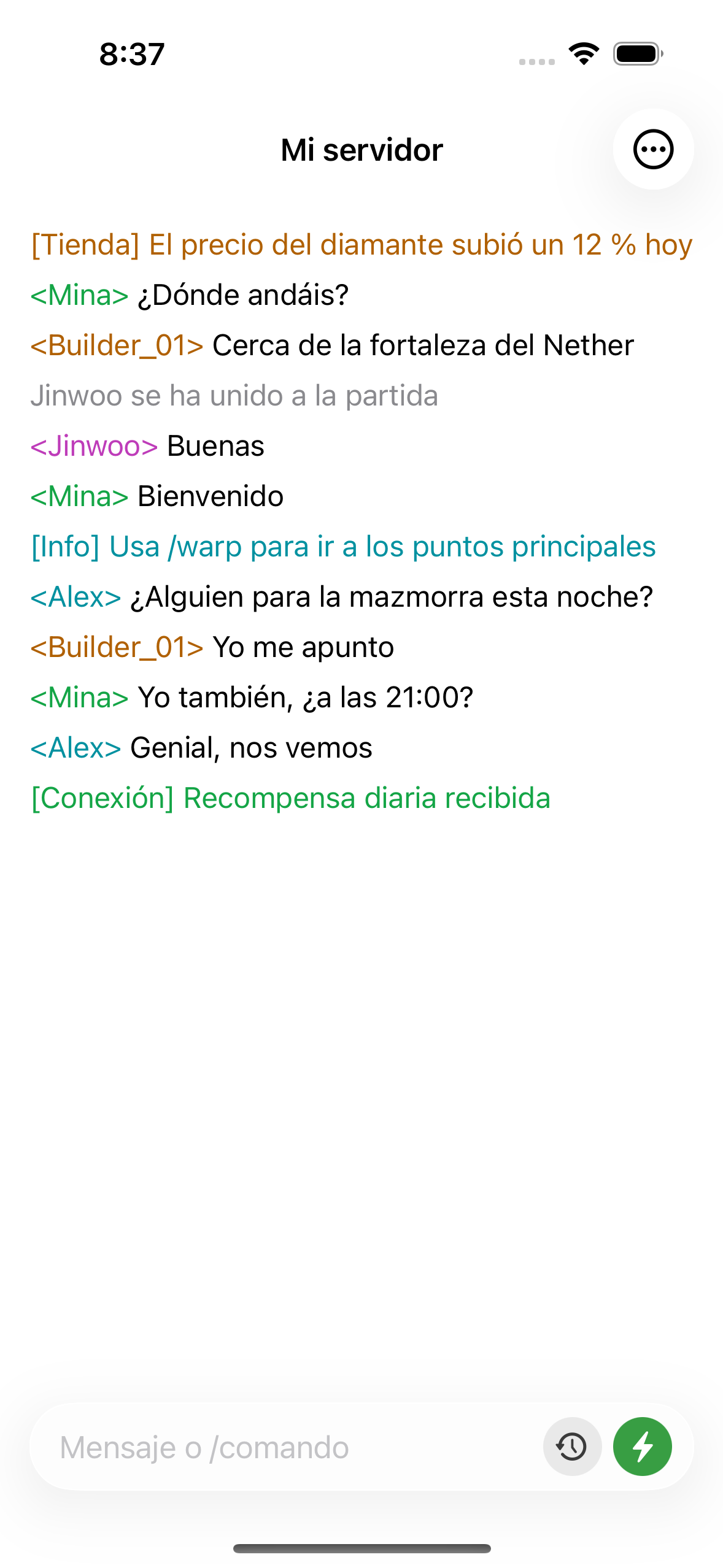 ChatMC showing live server chat, with players asking a question and an admin replying.