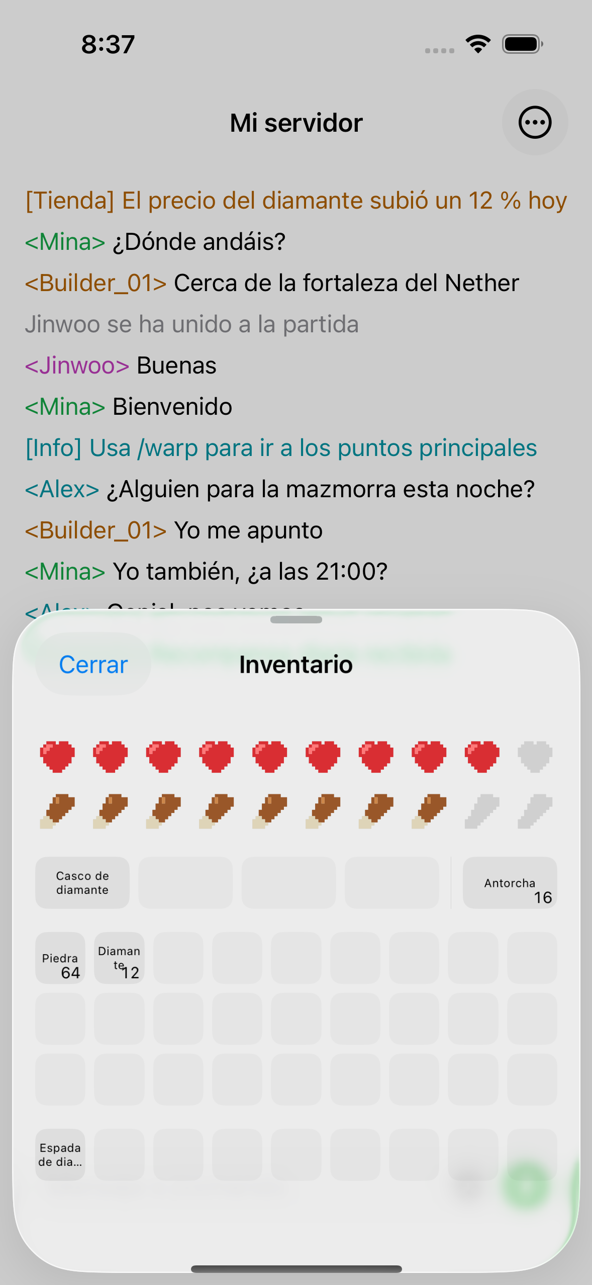 The ChatMC inventory view showing items, health and hunger.
