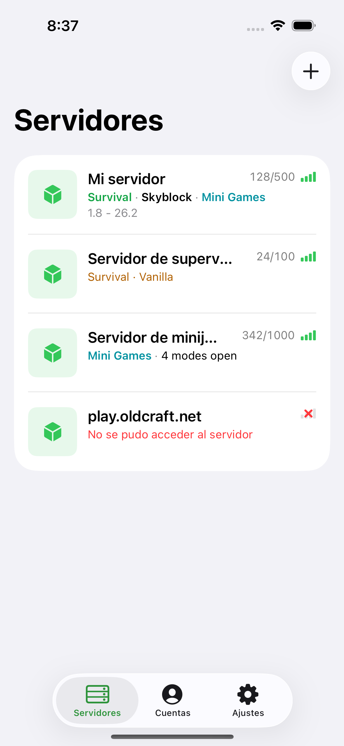 The ChatMC server list showing saved servers with player counts.