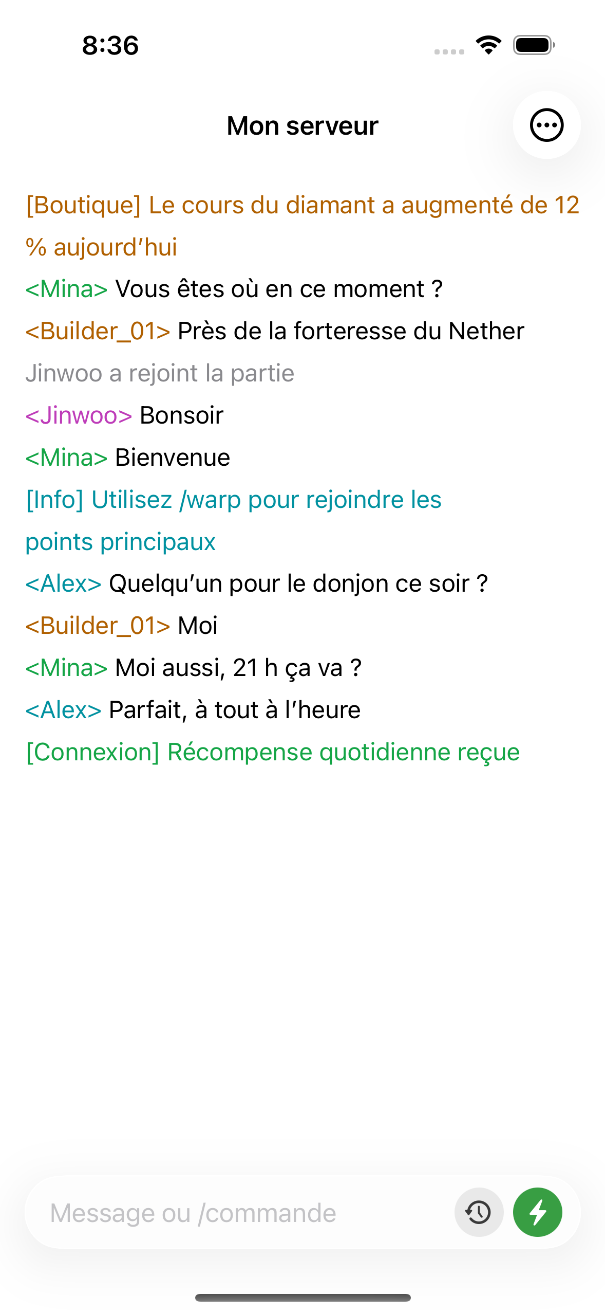 ChatMC showing live server chat, with players asking a question and an admin replying.