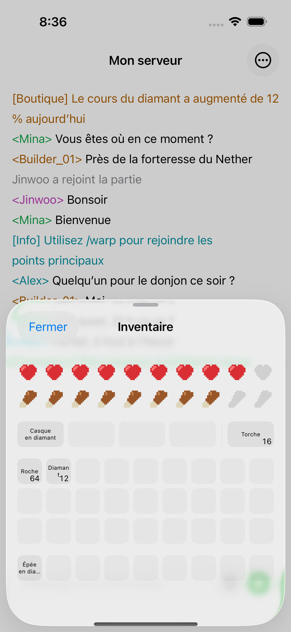 The ChatMC inventory view showing items, health and hunger.