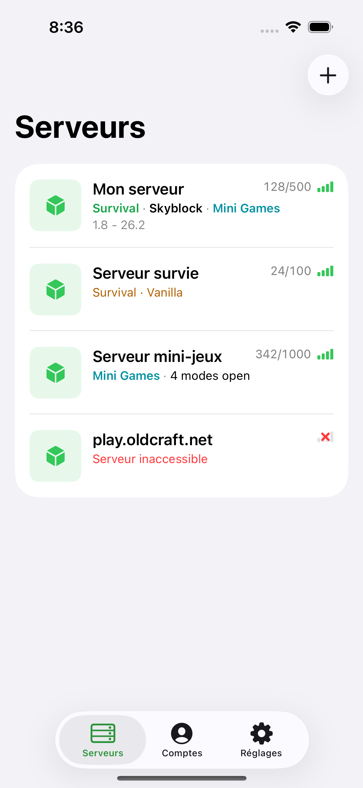 The ChatMC server list showing saved servers with player counts.