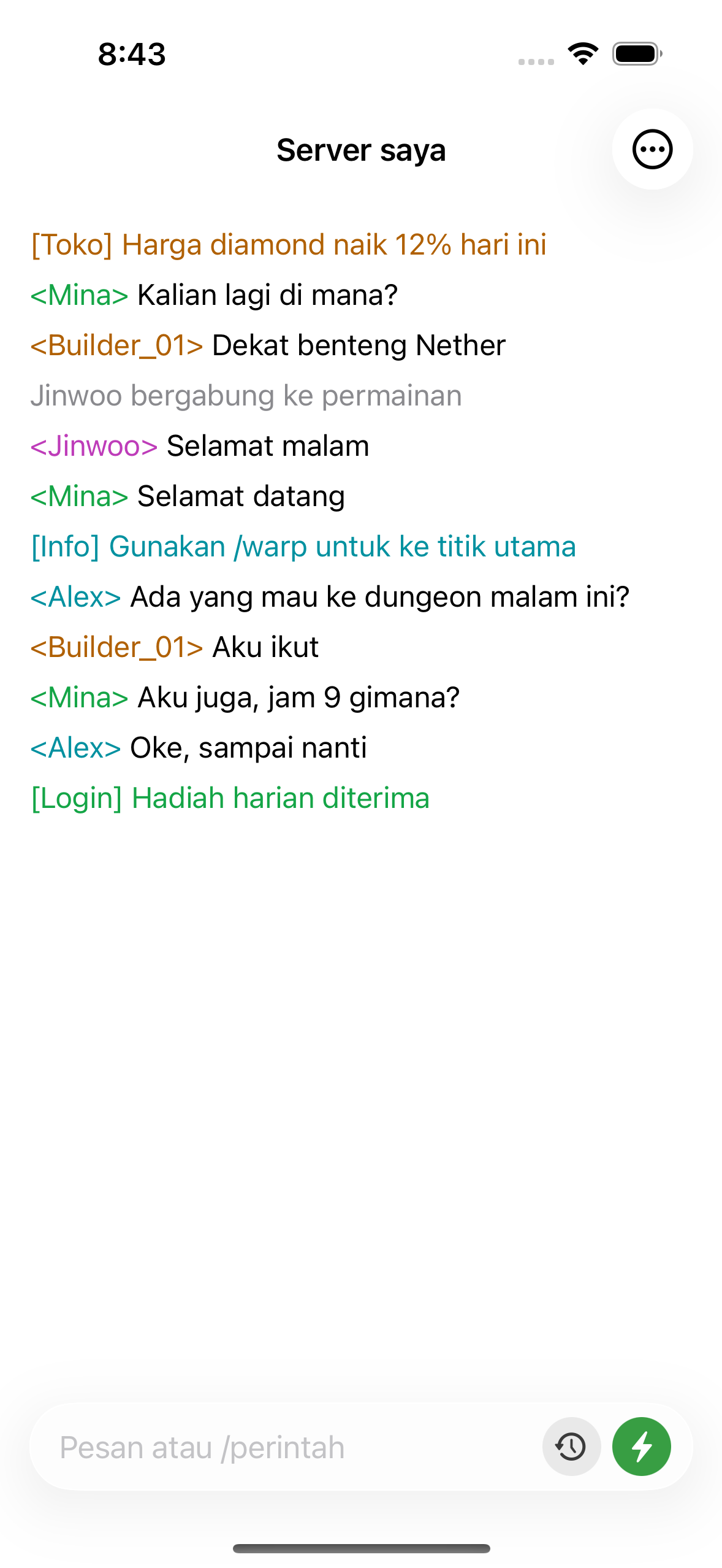 ChatMC showing live server chat, with players asking a question and an admin replying.