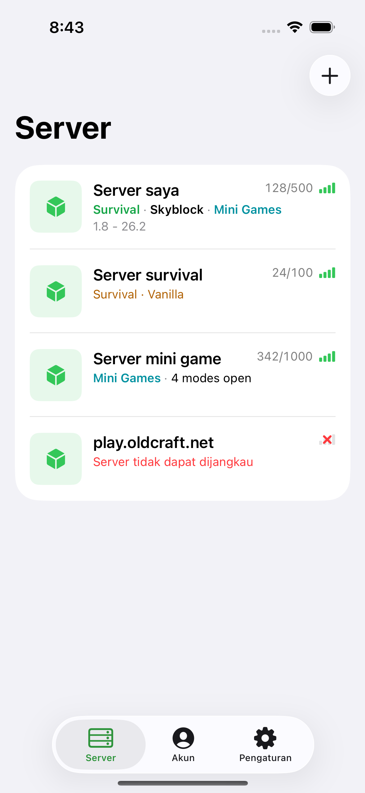 The ChatMC server list showing saved servers with player counts.