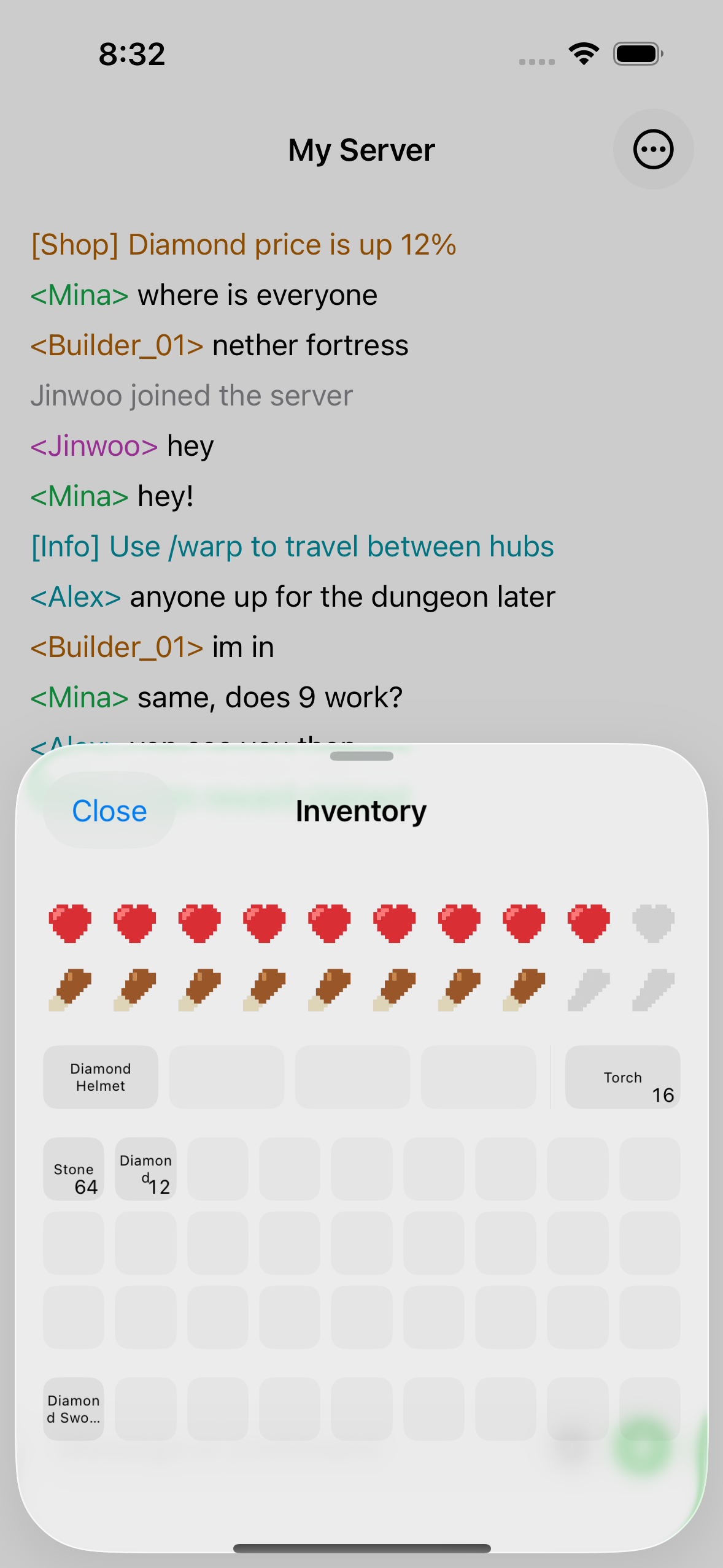 The ChatMC inventory view showing items, health and hunger.