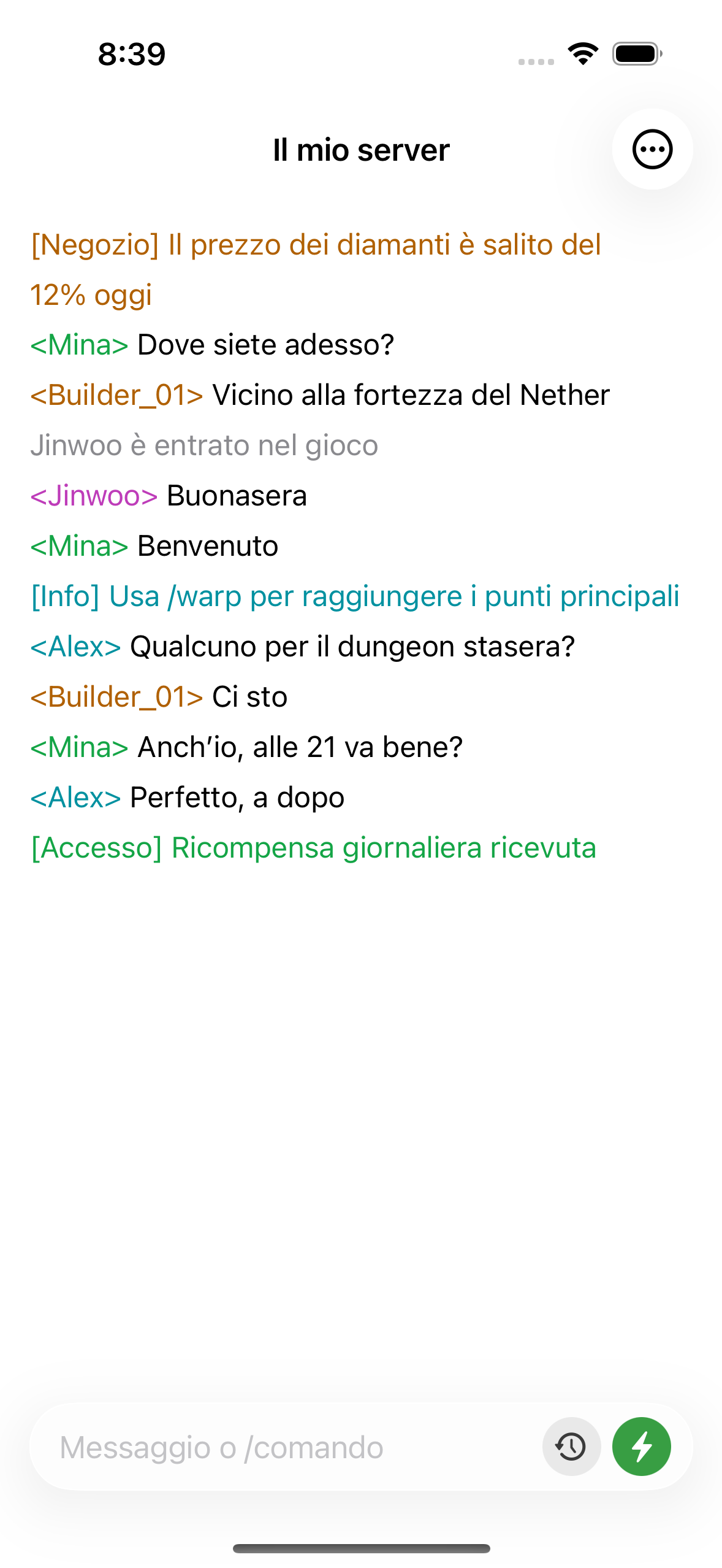 ChatMC showing live server chat, with players asking a question and an admin replying.