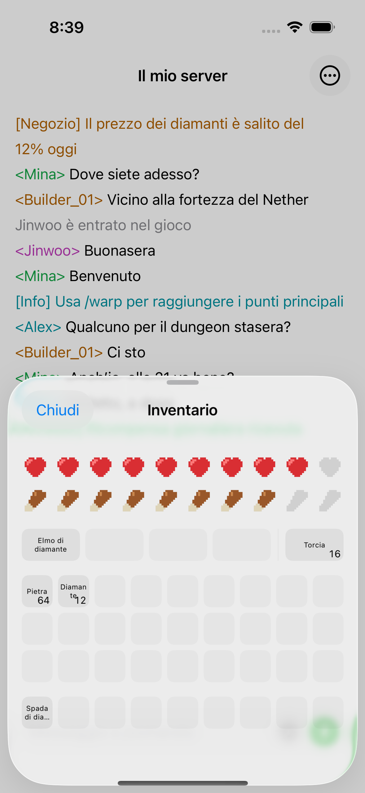 The ChatMC inventory view showing items, health and hunger.