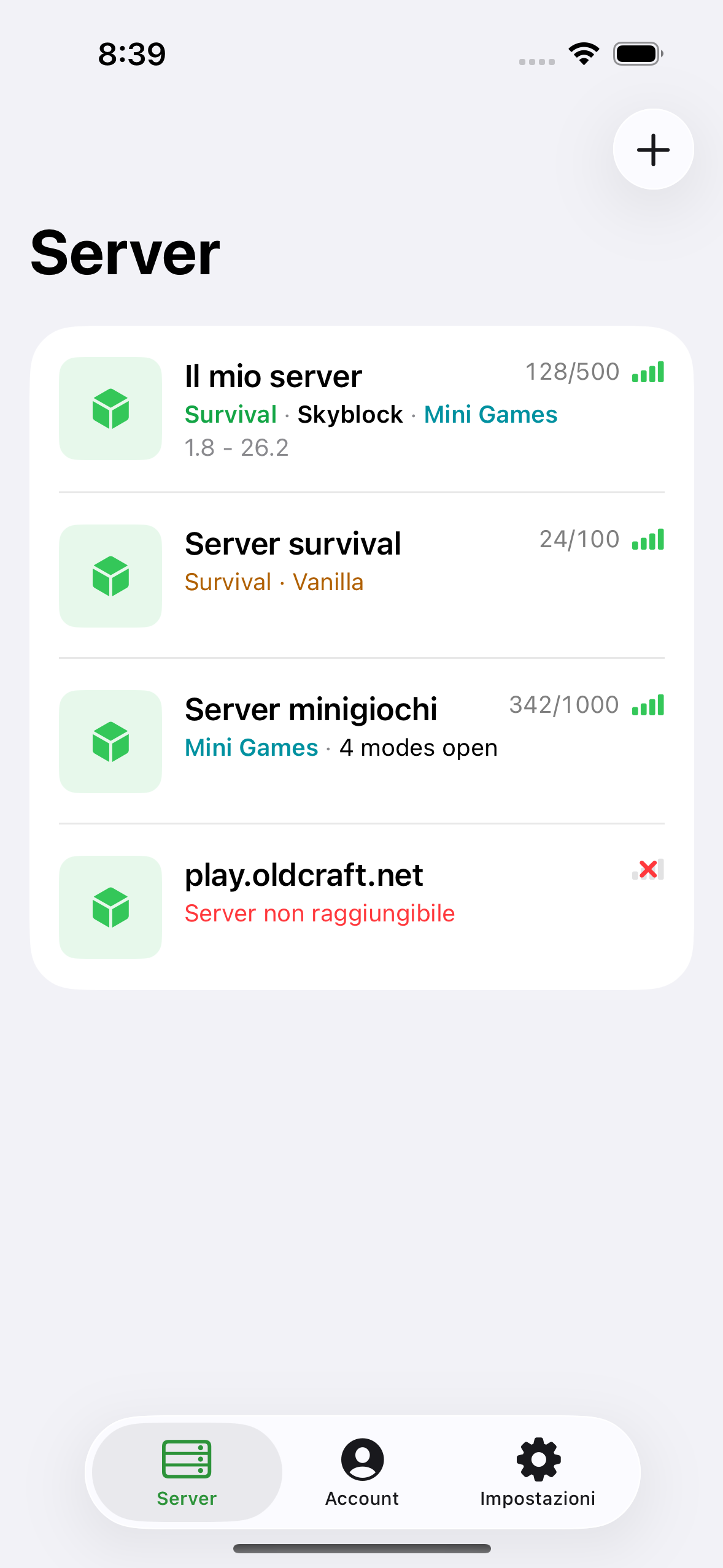 The ChatMC server list showing saved servers with player counts.
