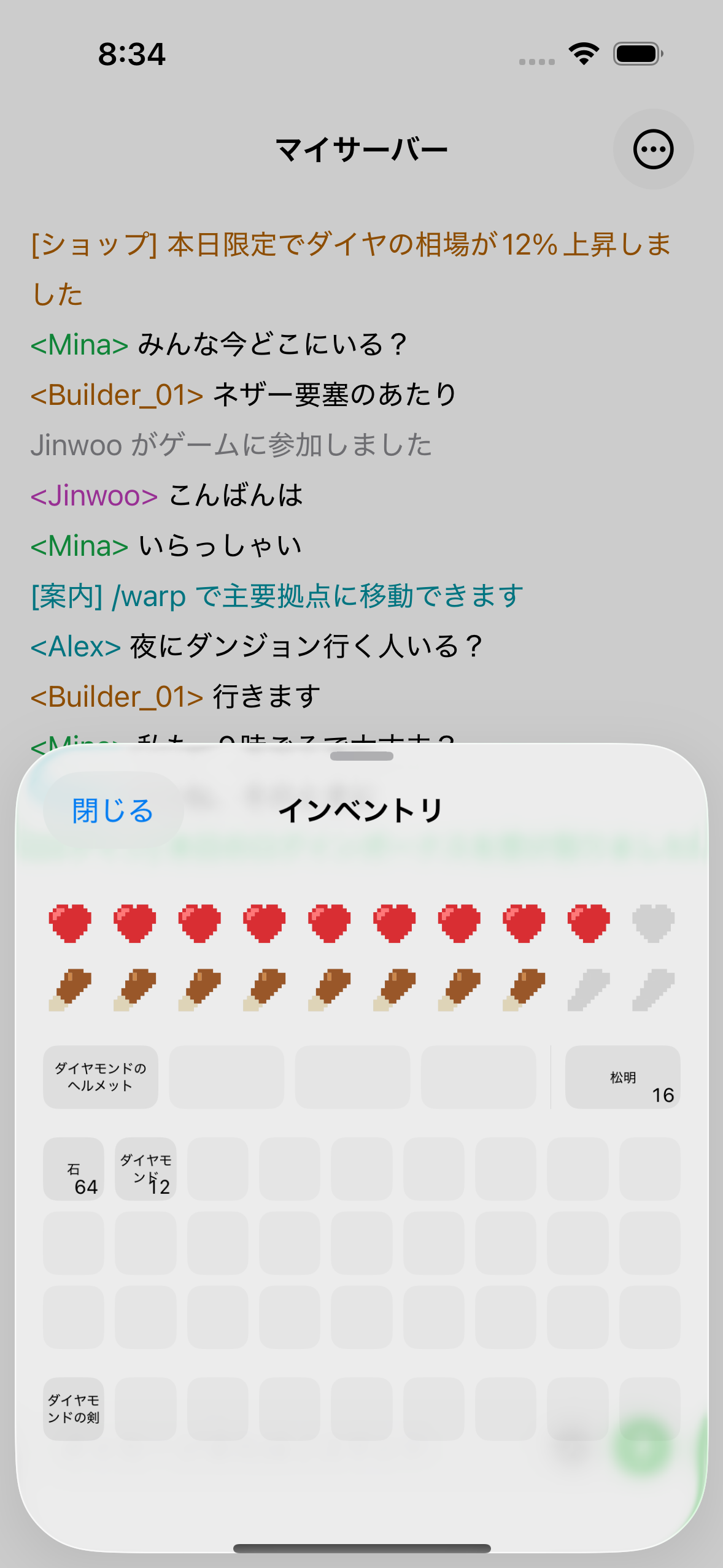 The ChatMC inventory view showing items, health and hunger.