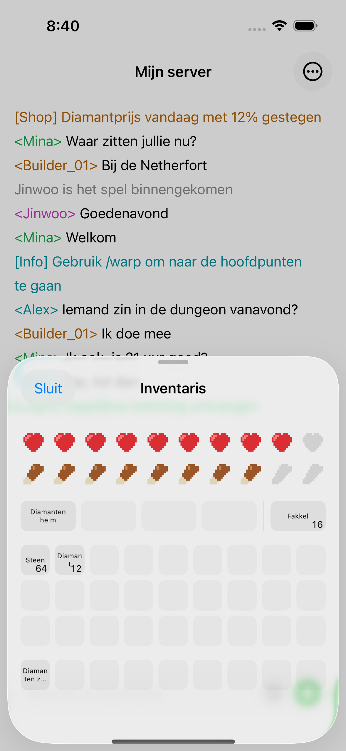 The ChatMC inventory view showing items, health and hunger.