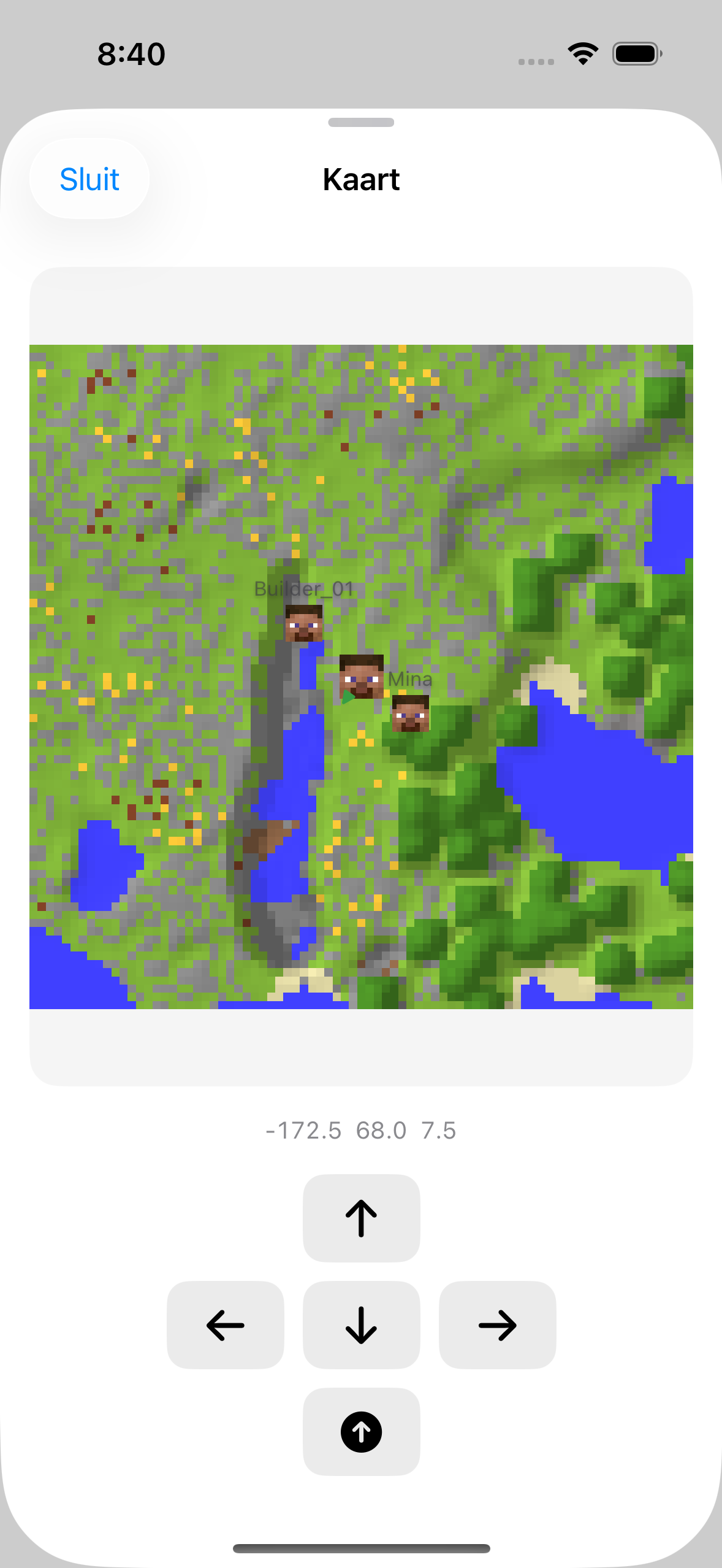 The ChatMC map view showing nearby terrain and player positions.