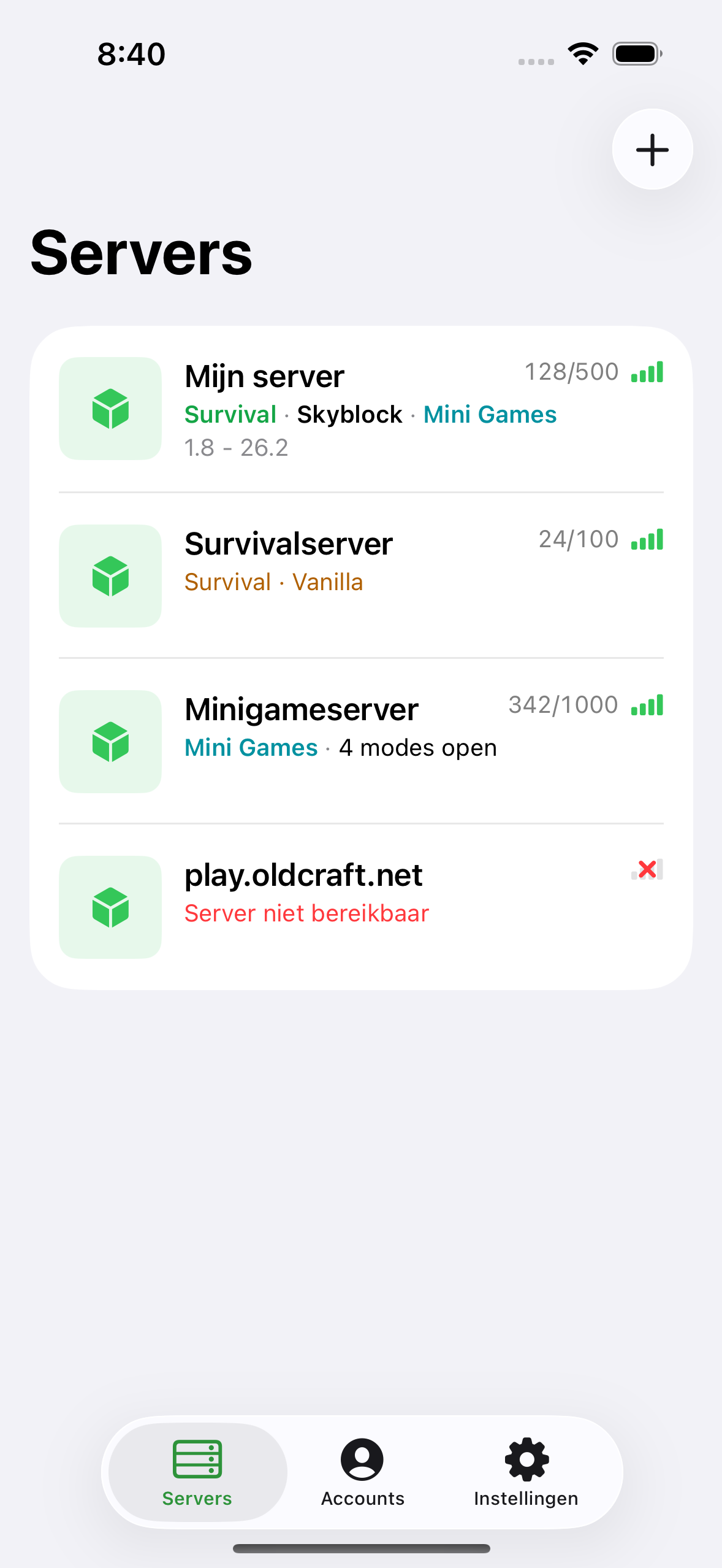 The ChatMC server list showing saved servers with player counts.