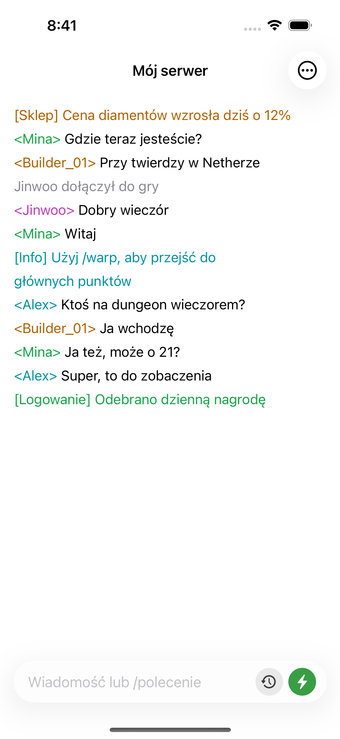 ChatMC showing live server chat, with players asking a question and an admin replying.