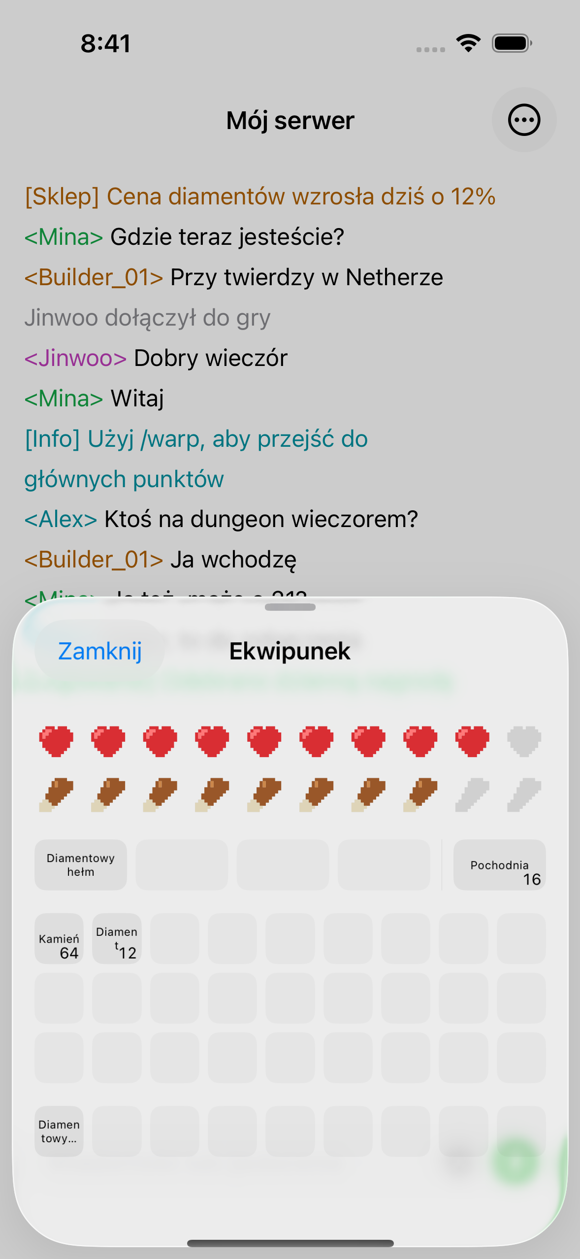 The ChatMC inventory view showing items, health and hunger.