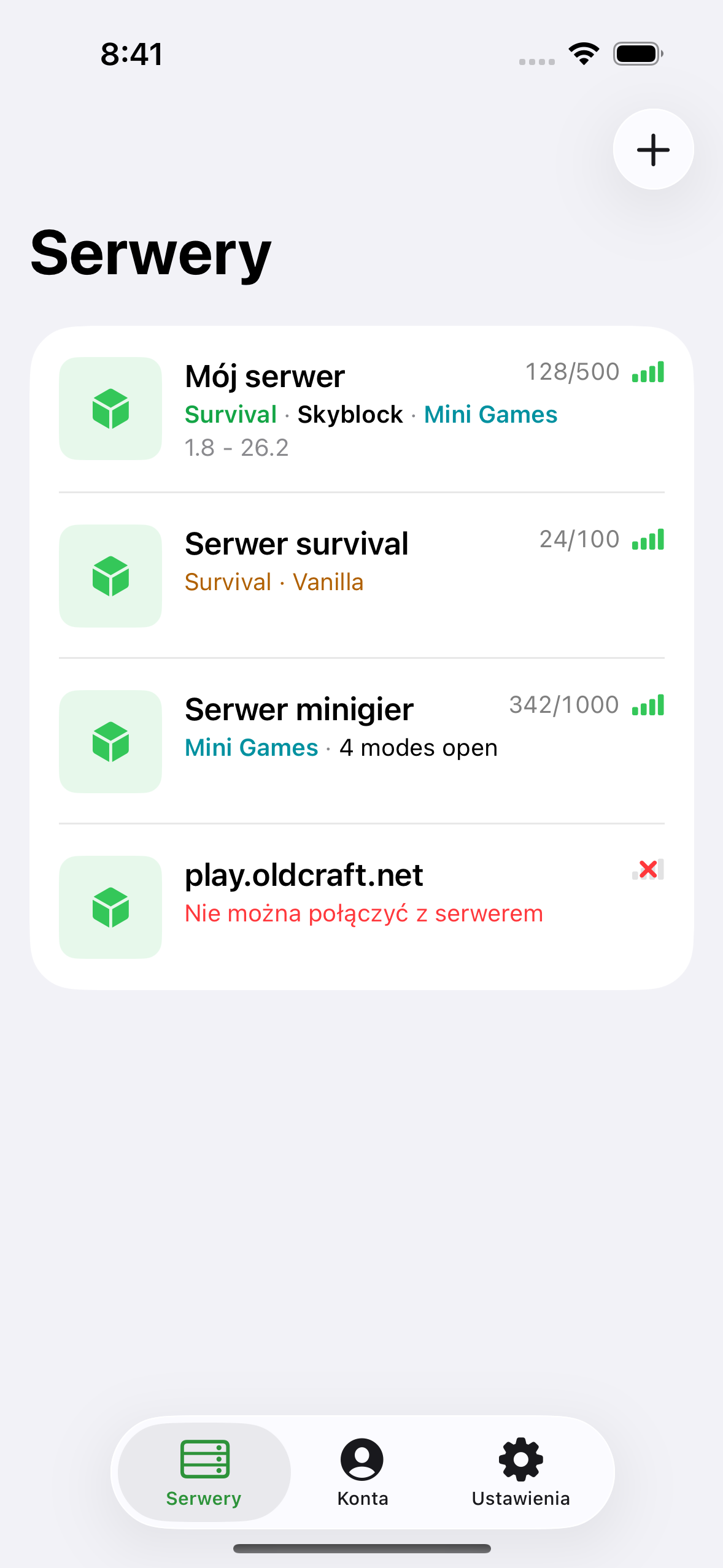 The ChatMC server list showing saved servers with player counts.
