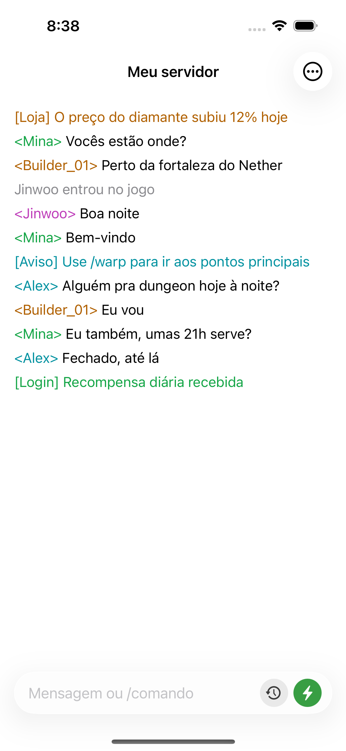ChatMC showing live server chat, with players asking a question and an admin replying.