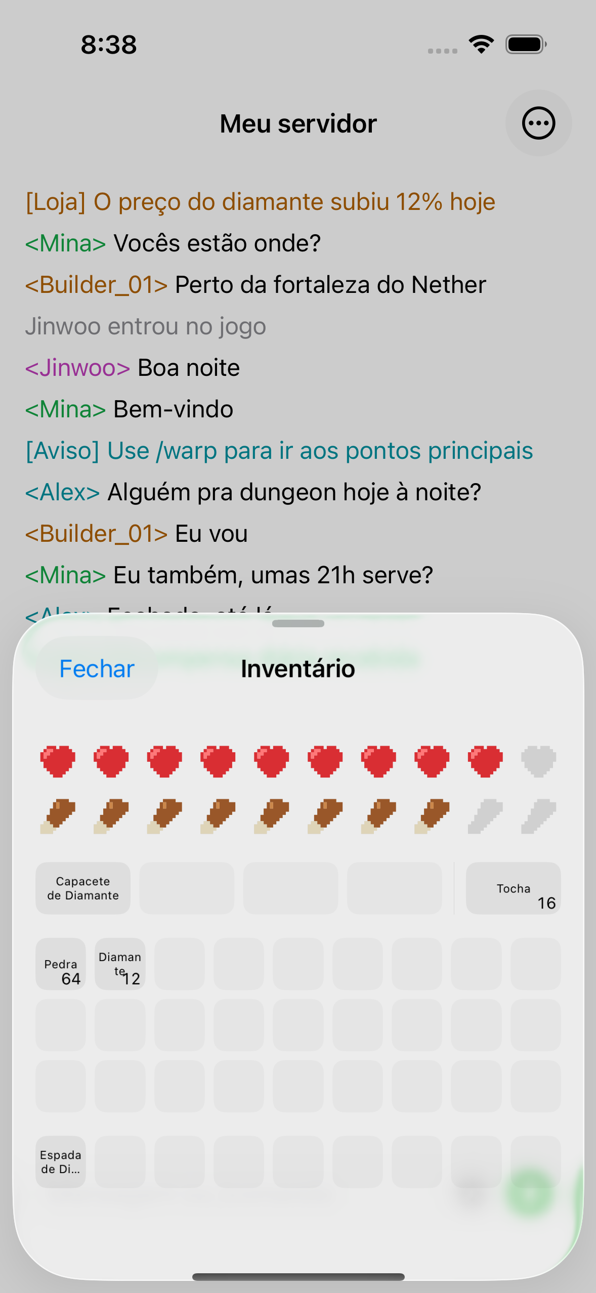 The ChatMC inventory view showing items, health and hunger.