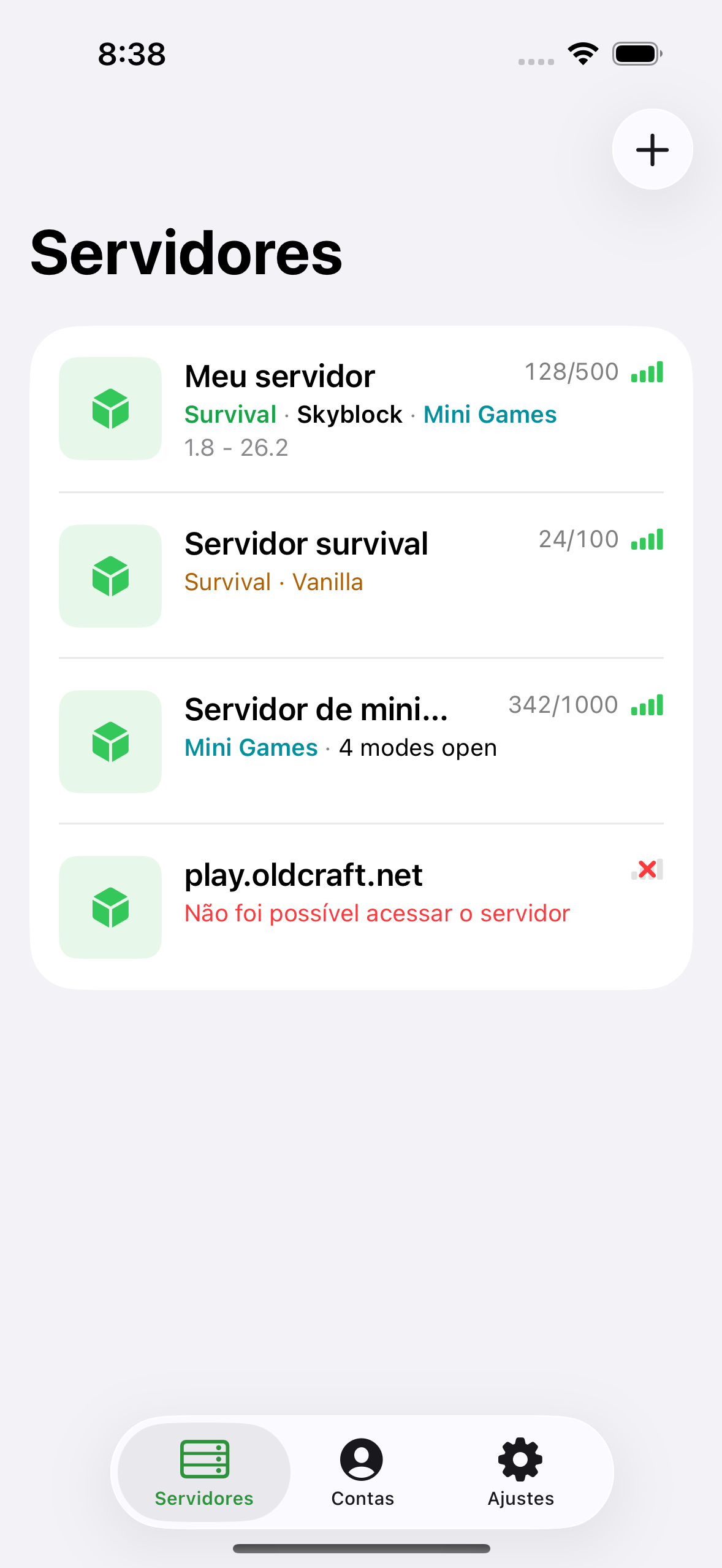 The ChatMC server list showing saved servers with player counts.