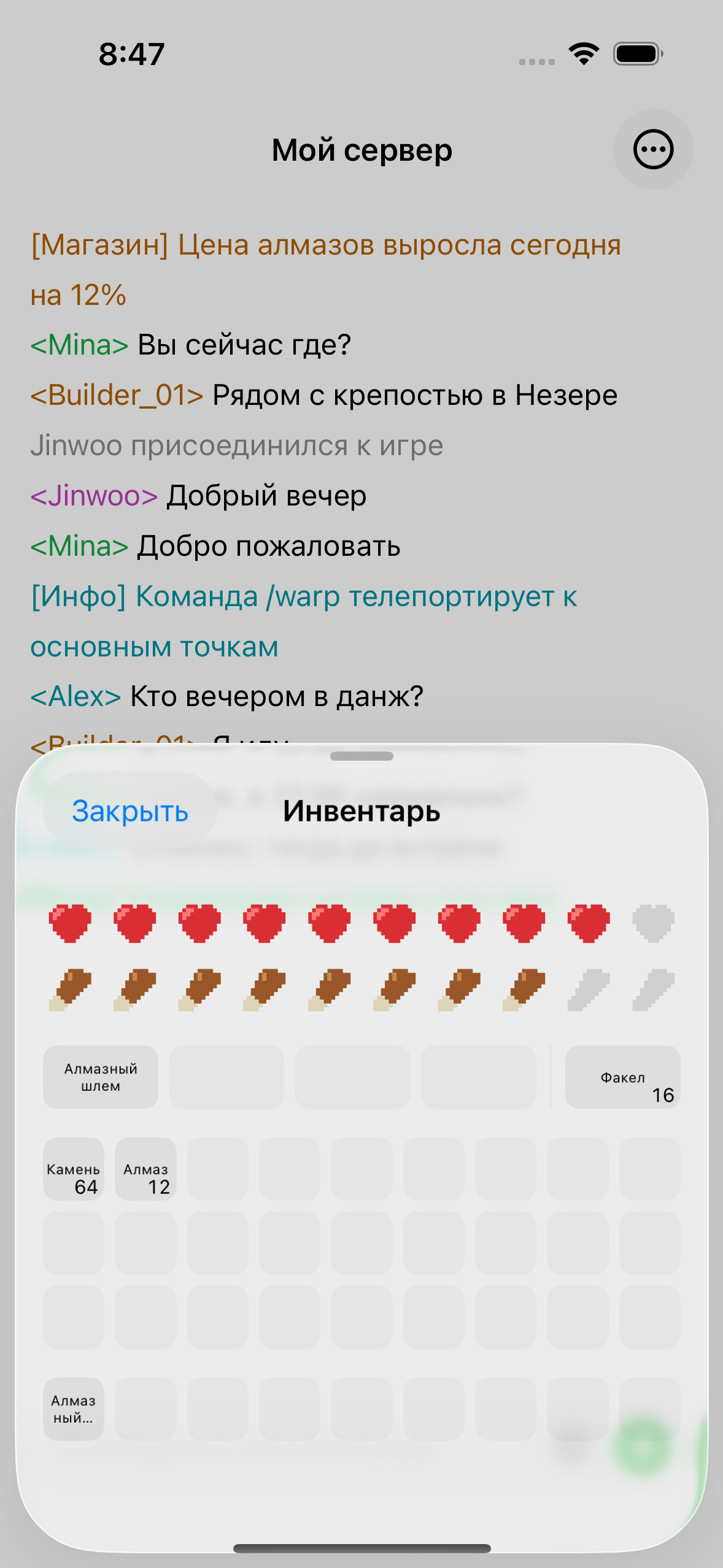 The ChatMC inventory view showing items, health and hunger.