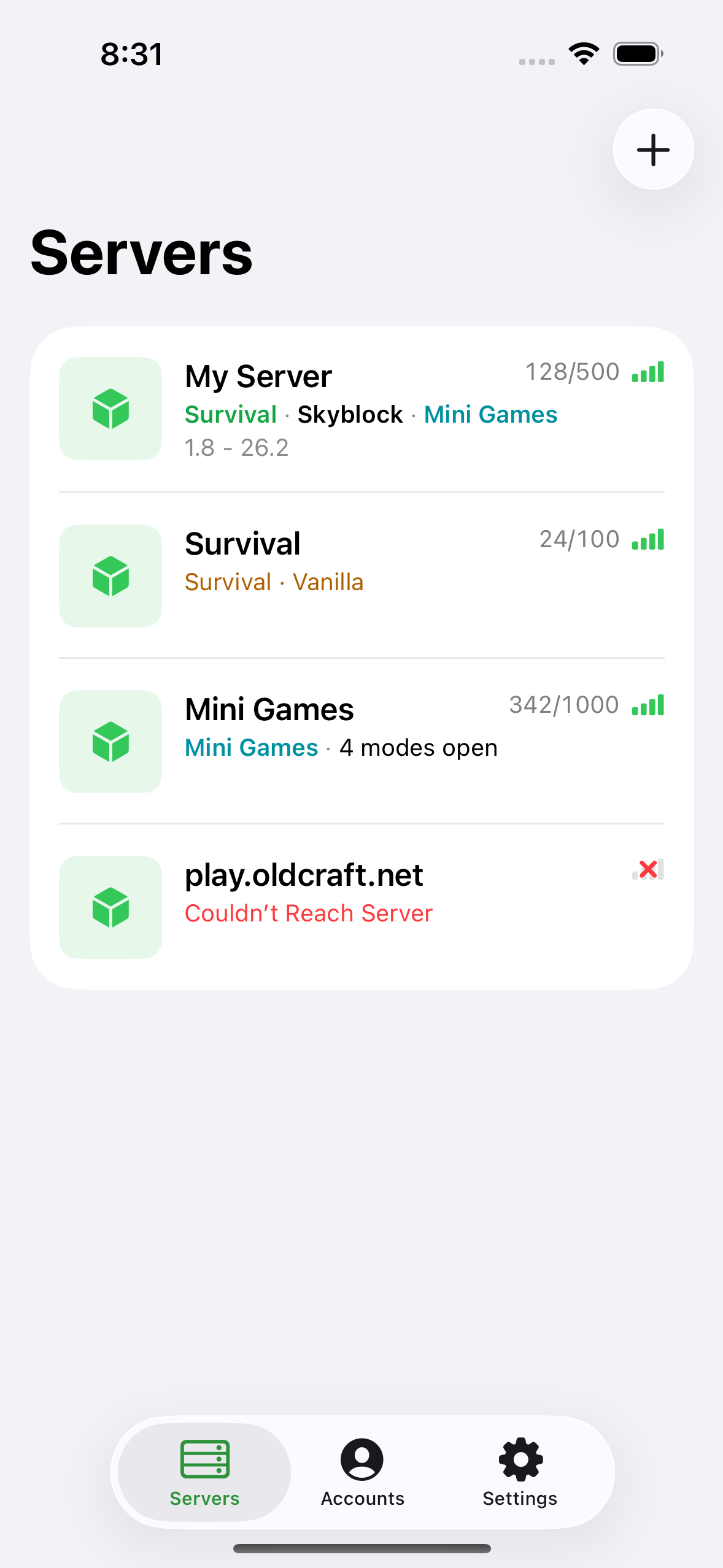 The ChatMC server list showing saved servers with player counts.