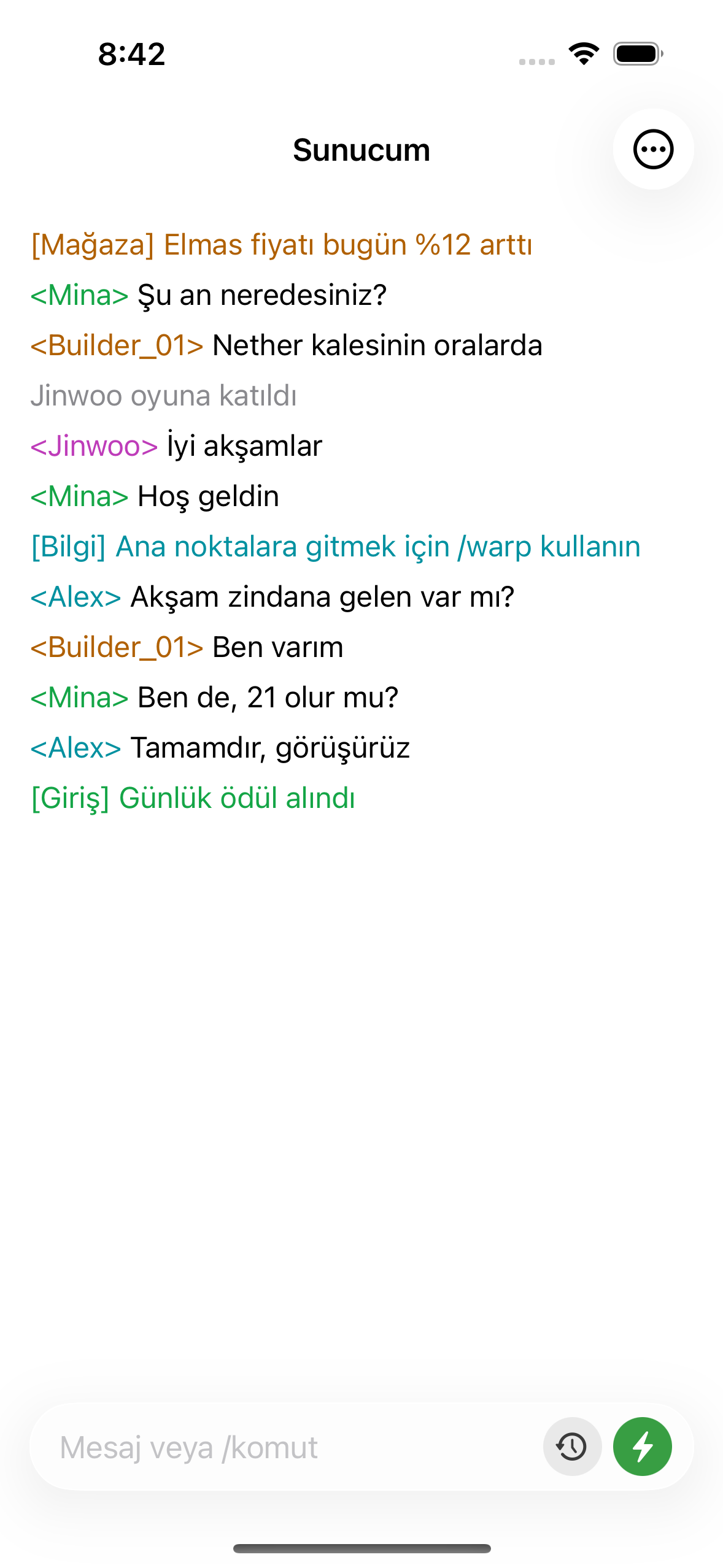 ChatMC showing live server chat, with players asking a question and an admin replying.