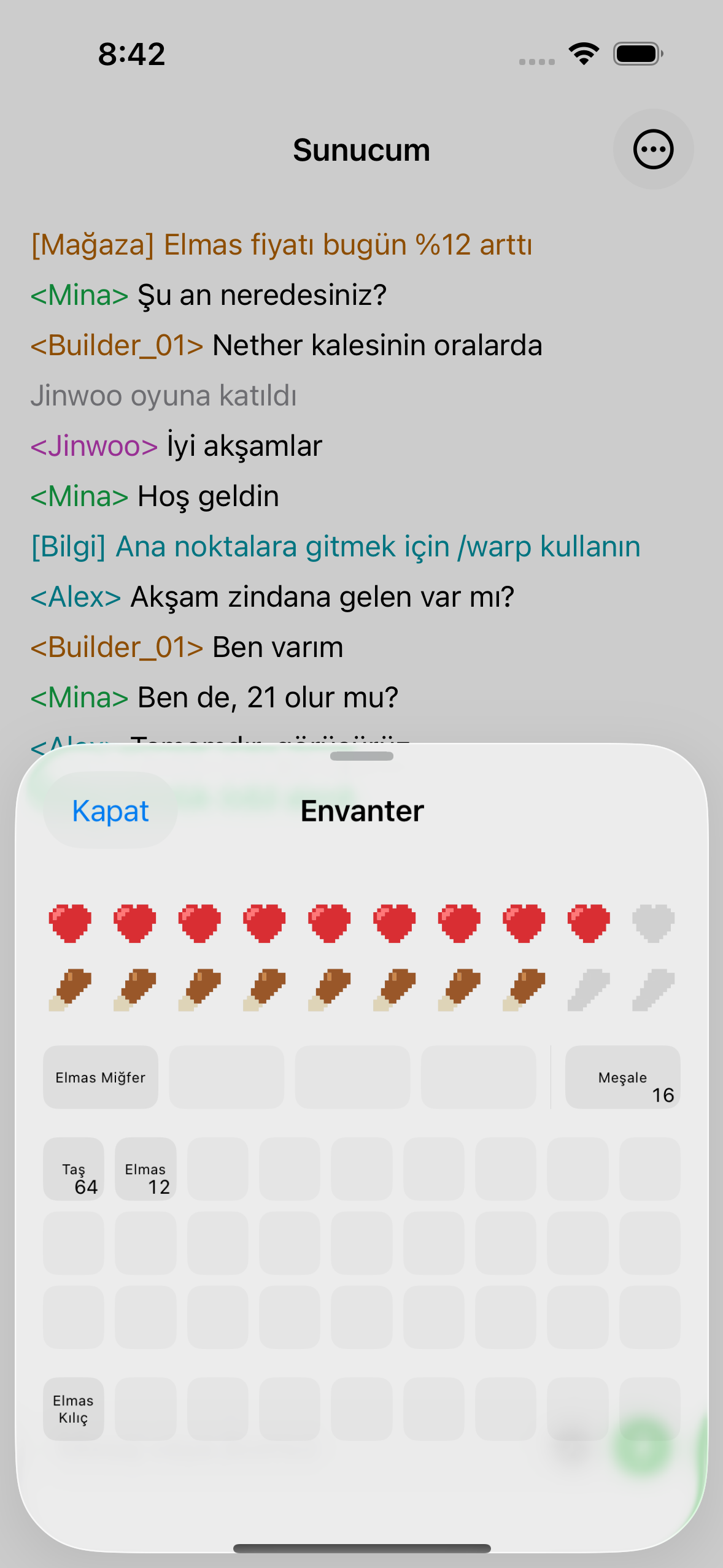 The ChatMC inventory view showing items, health and hunger.