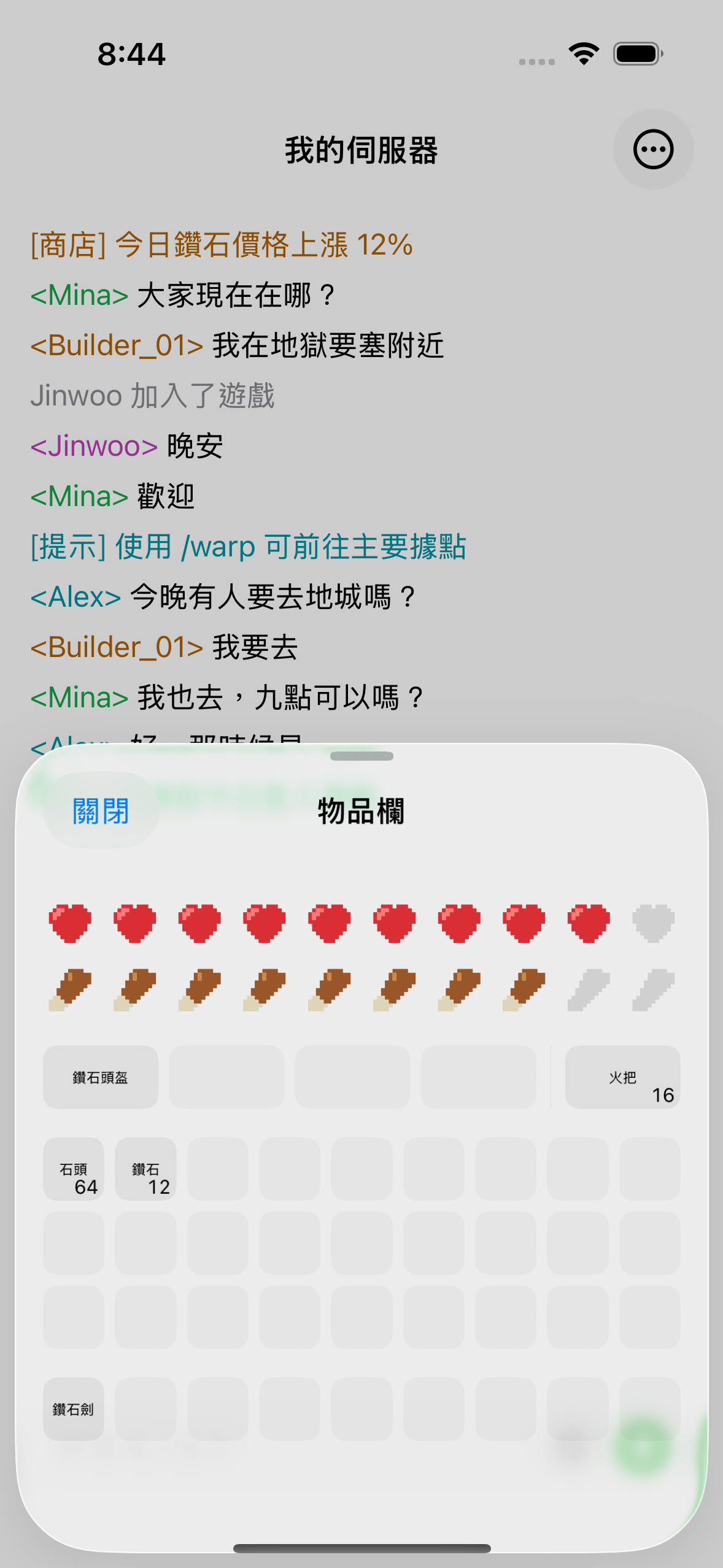 The ChatMC inventory view showing items, health and hunger.