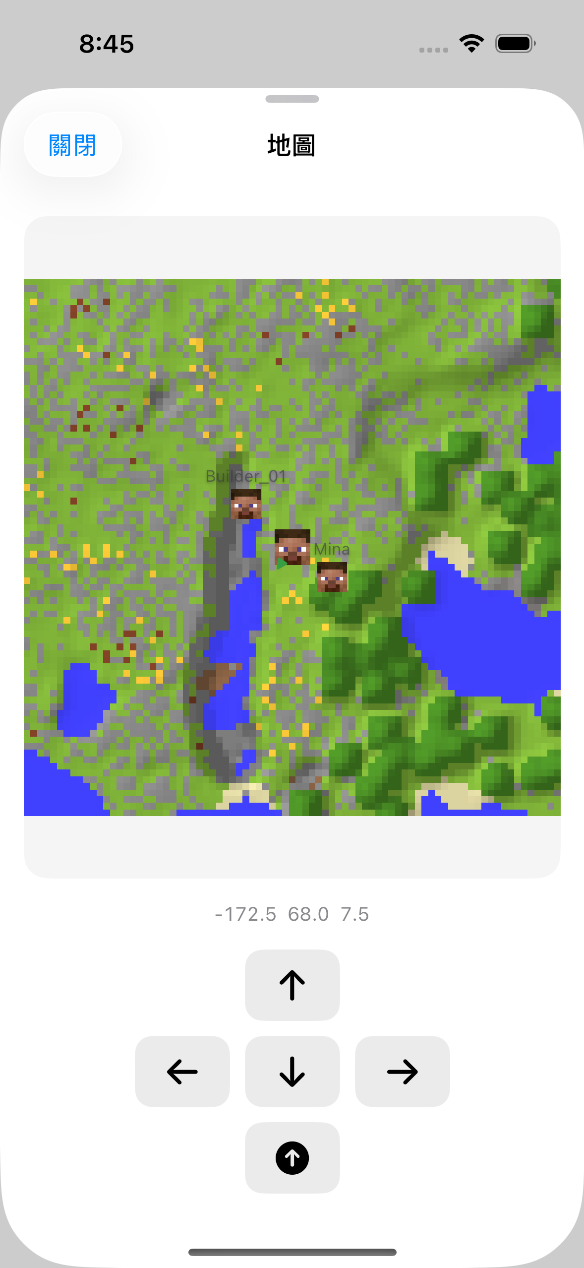 The ChatMC map view showing nearby terrain and player positions.